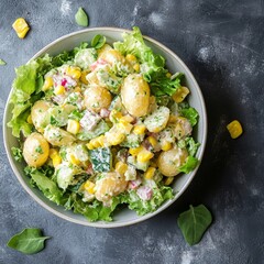 Wall Mural - Ready-to-eat potato salad with corn for a healthy meal or snack.