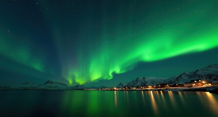 northern lights over tromsø, norway, with green and purple auroras dancing over snow-covered landsca