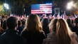 © Rose on Lens - Patriotic crowd gathers under a lit American flag for a public event, symbolizing unity, national pride, and civic engagement