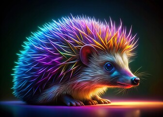 Sticker - Stunning Neon Hedgehog Portrait Close-Up with Vibrant Colors, Detailed Features, and a Soft Glow Effect Perfect for Art Prints, Illustrations, and Fantasy-Themed Projects