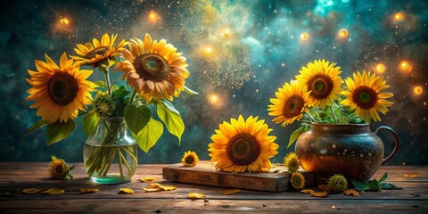 Sticker - Surreal Still Life: A Bouquet of Sunflowers on an Old Wooden Table with Dreamlike Elements and Unconventional Backgrounds for a Unique Artistic Perspective