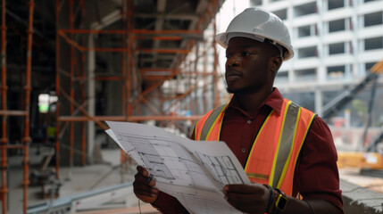 A construction worker in a hard hat and safety vest inspects blueprints at a busy construction site. The background features scaffolding and ongoing building work,