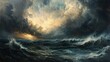 © Fana Art - A dramatic seascape painting with a stormy sky and rough waves, the sun breaks through the clouds, casting a golden glow on the water.