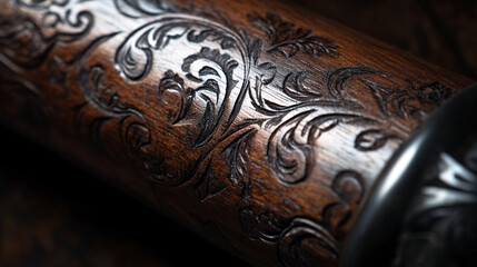 closeup macro image of intricate carved floral design on a brown wooden object with metal detailing.