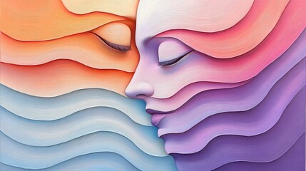 Wall Mural - painting of two faces with one being blue and the other pink. the painting is abstract and has a dre