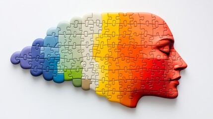 Wall Mural - puzzle of a face with a rainbow background. the puzzle is colorful and has a creative and artistic f