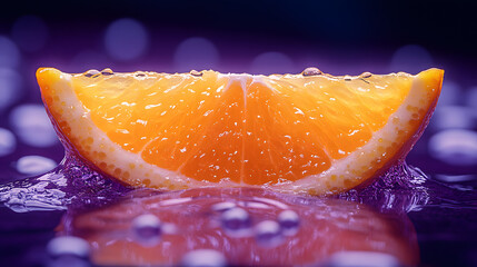 A close-up of a fresh, juicy orange sliced in half, with vibrant orange pulp and rich textures standing out against a bold purple background, offering a visually striking contrast that emphasizes the 