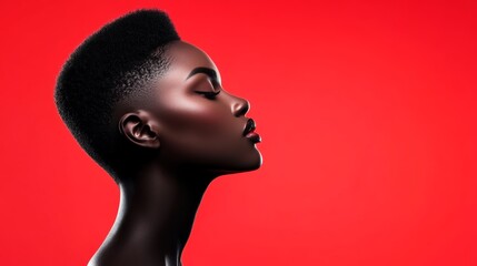 Wall Mural - woman with a shaved head and a red background. the woman is looking straight ahead. the image has a 