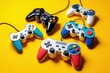 ©  S u n n y B u n n y - Colorful retro game controllers on vibrant yellow background highlighting vintage gaming nostalgia
