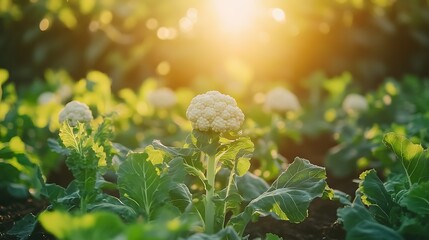 Wall Mural - Photo of white cauliflower growing in the field, Fresh white green cauliflower