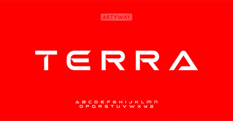 Aufkleber - Bold futuristic alphabet, sleek geometric letters, space-inspired font for cybersports headline, EDM branding, dynamic gaming logo. Vector typeset.