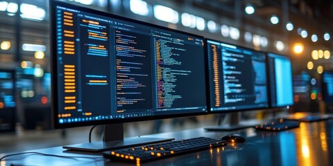 Dual High-Resolution Monitors Displaying Colorful Code in Modern Office Environment with Blurred Background and Warm Lighting for Programming and Technology Visuals