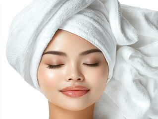 Woman with towel on head, serene moment of self care, relaxation and beauty after bath or spa treatment