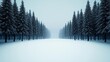 © Nongluk Tama - Snow-covered pine forest with pale blue ambient light, mist rising between trees, tranquil and cold atmosphere