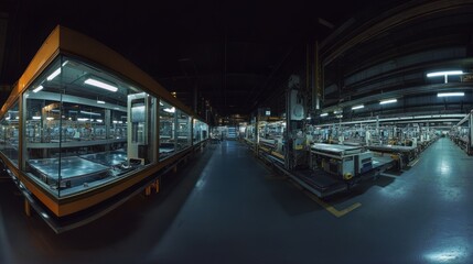 Canvas Print - Factory interior panorama with a view of the top-level 4K LCD production line, panels moving through assembly, alignment, and final testing.