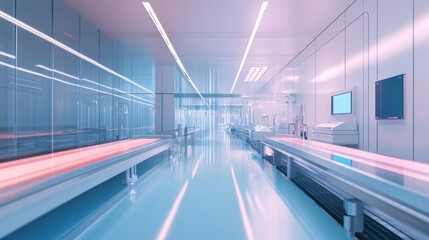 Wall Mural - panoramic image of high-speed production line for smartphones, automated assembly stations at every 