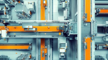 Wall Mural - panoramic image of high-speed production line for smartphones, automated assembly stations at every 