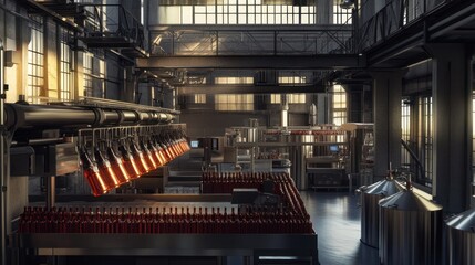 Wall Mural - Panoramic interior of a beverage factory, showcasing the production line above with bottles being labeled and packaged.