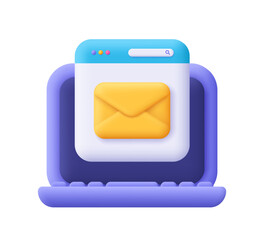 Computer laptop with webpage and envelope. New email, mail service, e-mail message, mail notification, social network concept. 3d vector icon. Cartoon minimal style.