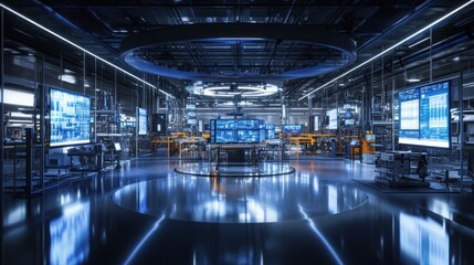Wall Mural - panoramic view of a 4k lcd factory production line, showcasing screens moving through stages of asse