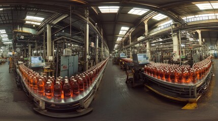 Wall Mural - Panoramic view of a beverage factory, showcasing the top-level production line with automated bottling machines in action.