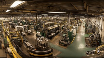 Sticker - Panoramic view of a motor factory production line, with top-level assembly lines showcasing engine parts being assembled and inspected.