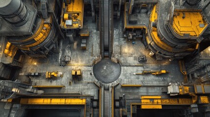 Canvas Print - Top-view panorama of a steel mill production line, showcasing a seamless flow from ore melting, casting, and rolling, with heavy machinery and precise control stations.