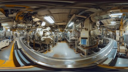 Wall Mural - wide-angle panorama of high-tech electronics production line, featuring conveyor belts and robotic a