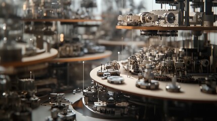 Wall Mural - wide-angle view of a motor production factory, with the production line on top displaying motors in 