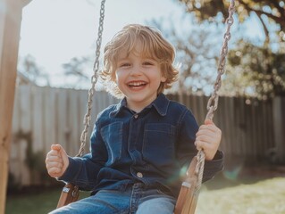 Wall Mural - Joyful boy swinging in backyard on a sunny day, dressed in jeans and blue shirt with natural light