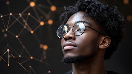 Young man focused on computer screen, data protection network security concept, dark setting with glowing code