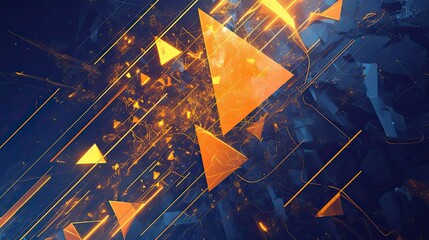 Canvas Print - Abstract Composition with Golden Triangles and Lines on a Dark Blue Background