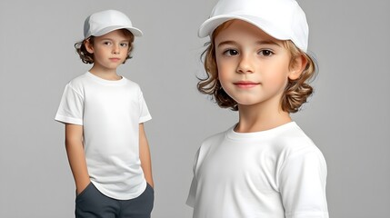 AI generated Cute boy in white t-shirt and cap. Kids t-shirt mockup.