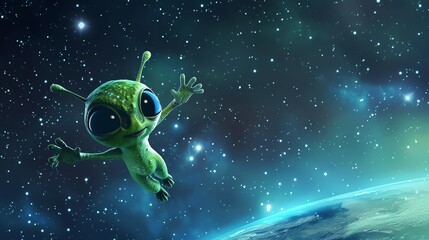 Wall Mural - a friendly cartoon alien floats in space, waving at earth.
