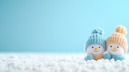 Two cute knitted snowmen with colorful hats standing in the white winter landscape on a blurred blue background, with copy space for a Christmas and New Year celebration banner or greeting card design