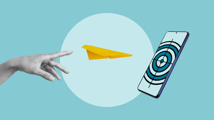 Wall Mural - mobile marketing and targeting is shown by smartphone with dartboard in the screen. target audience 