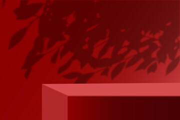 Wall Mural - the corner of the red table with shadow of leaves wall. blank red product studio background, stage, 