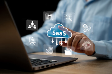 saas, software as a service, internet data storage business concept, businessman use laptop and tech