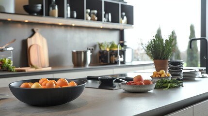 Poster - A kitchen counter with fresh fruit, vegetables, and herbs.