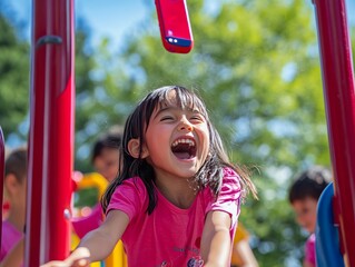 Wall Mural - Children happily playing on colorful playground equipment under a sunny blue sky in the park