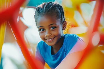 Wall Mural - Joyful young girl in blue t shirt plays in colorful playground surrounded by happy friends