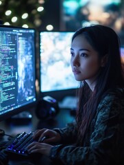 an asian woman in a gaming setup, focused on typing at her computer with a keyboard and monitor.