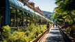 © SP_Da - A train with a green and white stripe is parked next to a bike path