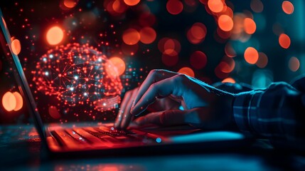 Male hands are typing on a laptop keyboard, with brain icon a man works, develops a business, studies, plays a computer game at night. Ai generative. Illustration.