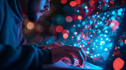 Male hands are typing on a laptop keyboard, with brain icon a man works, develops a business, studies, plays a computer game at night. Ai generative. Illustration.
