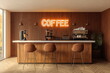 © imam - Interior of a coffee shop with wooden walls and a bar counter with stools.