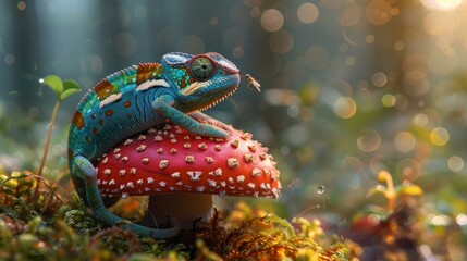 Wall Mural - A colorful chameleon sits on a red mushroom in a forest setting. AI.