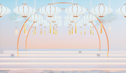 Aufkleber - Abstract Chinese lantern background with a podium for product display. 3d rendering.