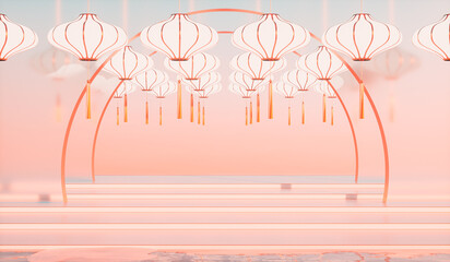 Aufkleber - Abstract Chinese lantern background with a podium for product display. 3d rendering.