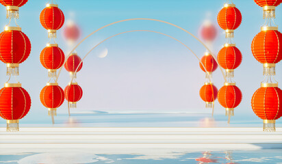 Poster - Abstract Chinese lantern background with a podium for product display. 3d rendering.